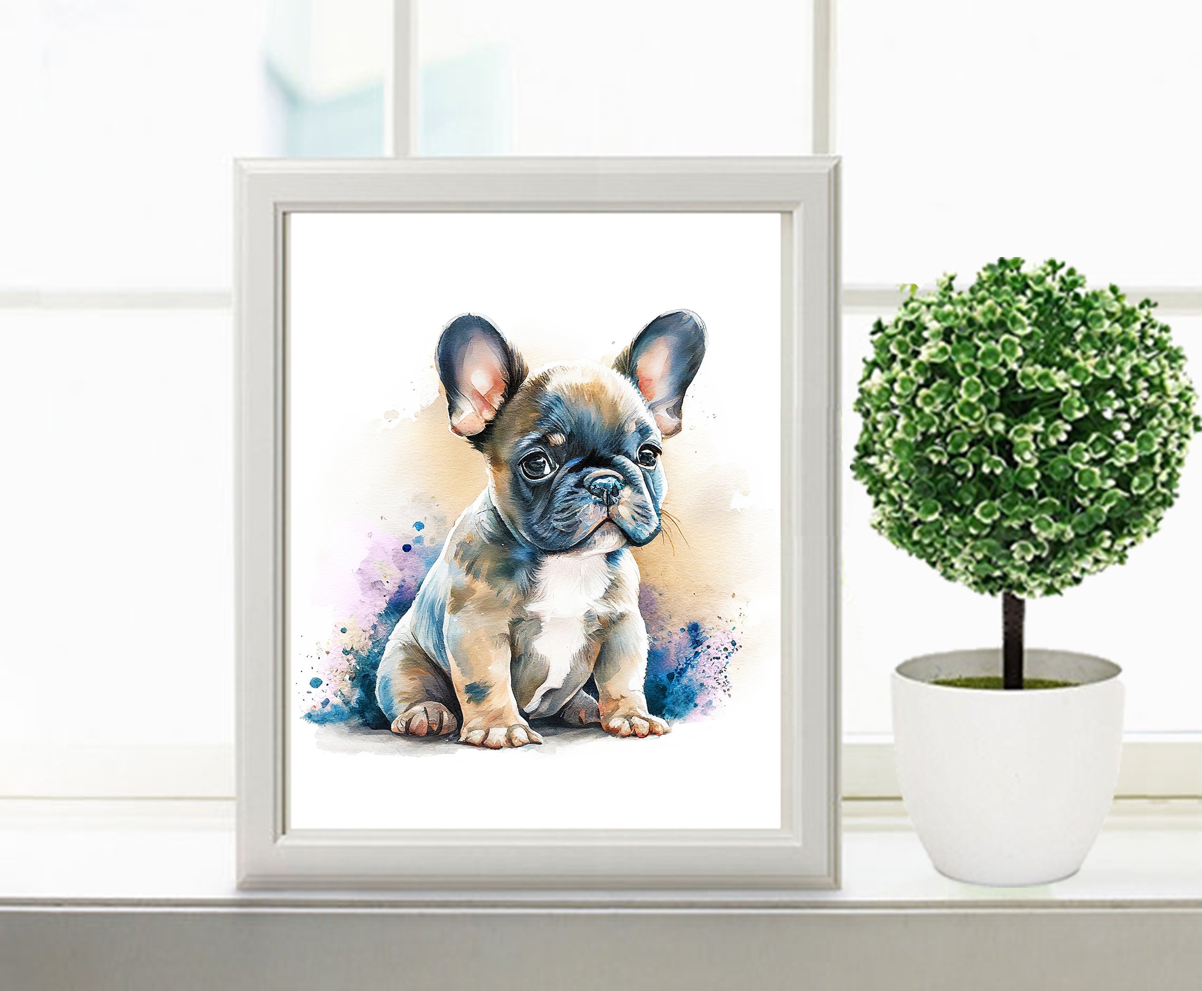 フレンチブルドッグの赤ちゃんの水彩画 印刷可能なアート 動物の
