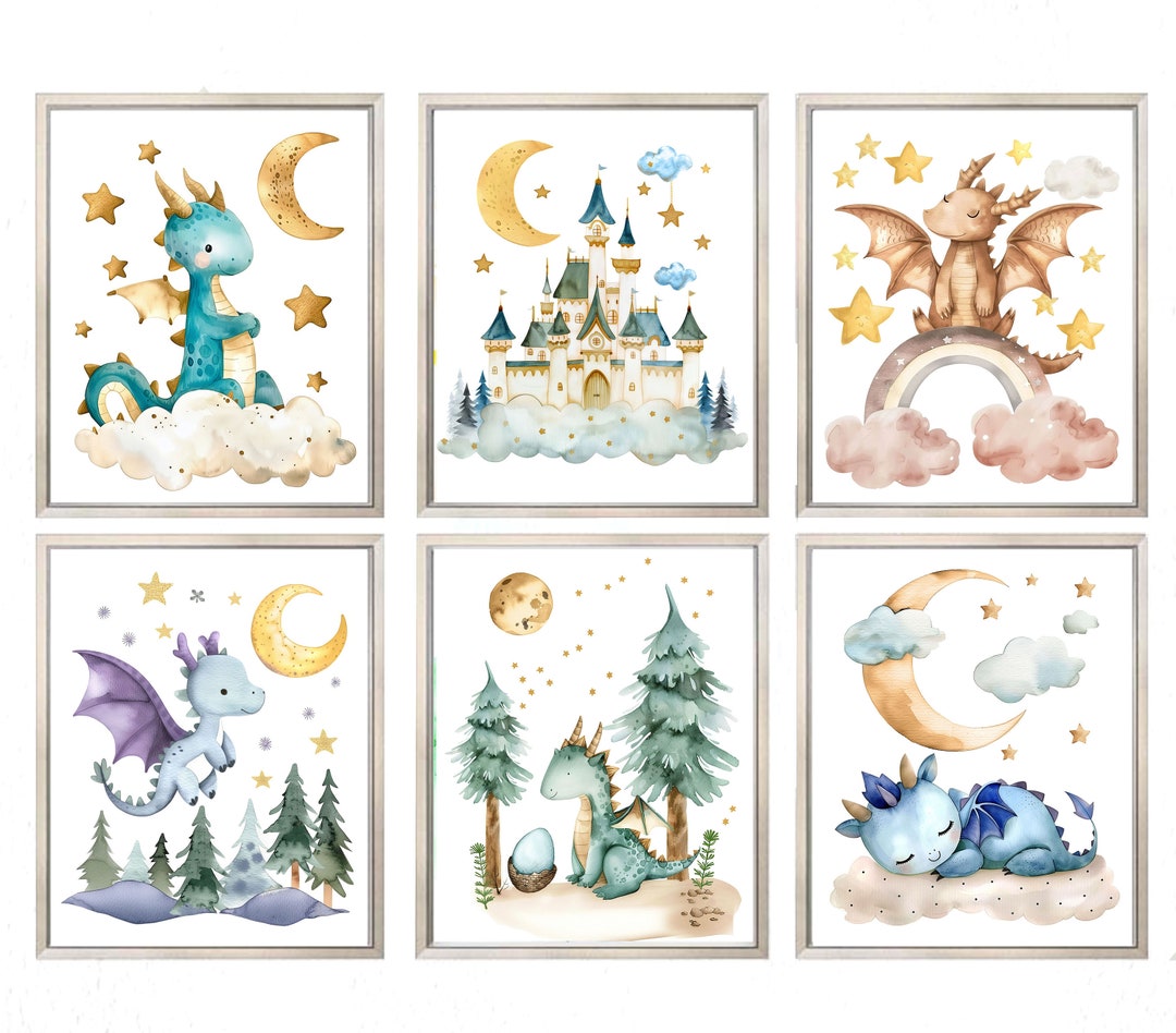 Set of 6 Baby Dragons, PRINTABLE WALL ART, Dragon Nursery Decor ...