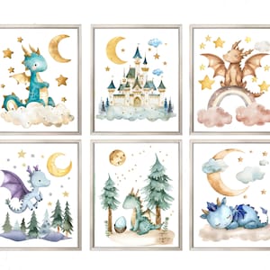 Set of 6 Baby Dragons, PRINTABLE WALL ART, Dragon Nursery Decor, Watercolor, Dragon Prints, Boy Nursery Decor, Baby Room Wall Decoration