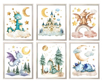 Conjunto de 6 dragones bebés, ARTE DE PARED IMPRIMIBLE, Decoración de guardería de dragones, acuarela, Estampados de dragones, Decoración de guardería para niños, Decoración de pared de habitación para bebés
