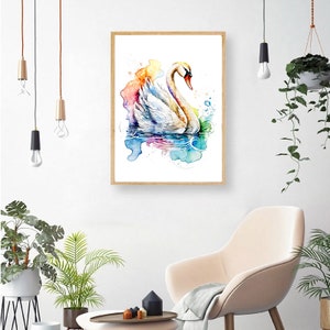 Puede incluir: Una pintura de acuarela de un cisne blanco nadando en una escena de agua abstracta y colorida. El cisne est&aacute; mirando hacia la derecha y tiene el cuello curvado en una elegante forma de S. El agua est&aacute; pintada en tonos de azul, verde, amarillo, naranja y rosa.