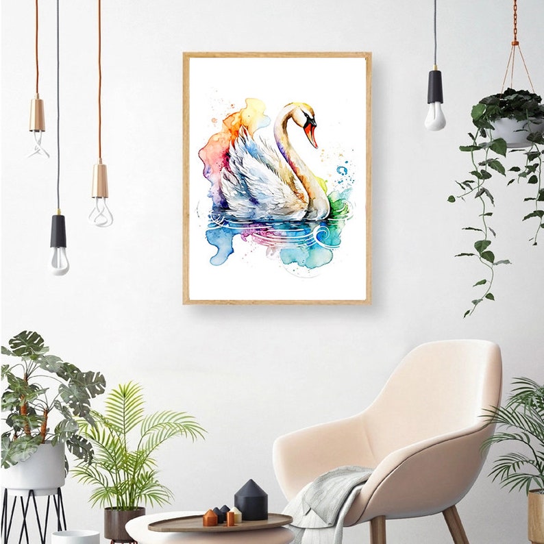 Puede incluir: Una pintura de acuarela de un cisne blanco nadando en una escena de agua abstracta y colorida. El cisne est&aacute; mirando hacia la derecha y tiene el cuello curvado en una elegante forma de S. El agua est&aacute; pintada en tonos de azul, verde, amarillo, naranja y rosa.