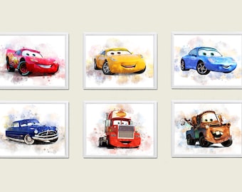 May include: Six watercolour paintings of characters from the Cars movie franchise. The paintings are framed in white and feature Lightning McQueen, Mater,  Sally,  Doc Hudson,  Luigi, and  Mack.