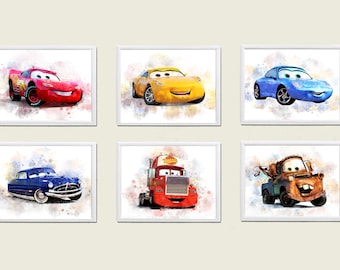 Set of 6 Disney Cars PRINTABLE ART Disney Cars Poster Birthday Disney Cars Print Cars Watercolor Boys Room Cars Wall Decor Boys Room Decor