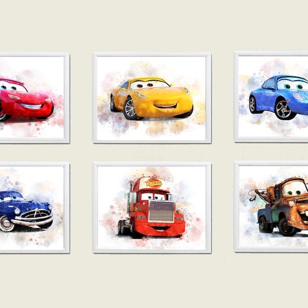Set of 6 Disney Cars PRINTABLE ART Disney Cars Poster Birthday Disney Cars Print Cars Watercolor Boys Room Cars Wall Decor Boys Room Decor