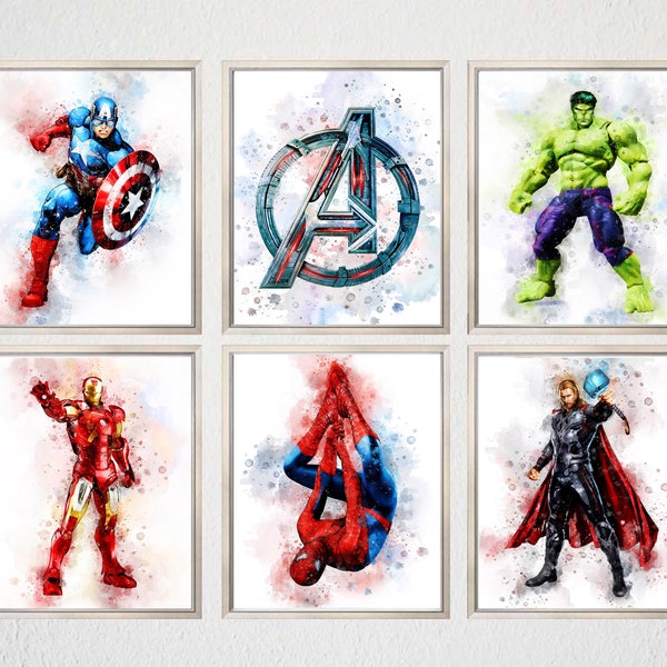 Set 6 Superheroes AVENGERS Marvel DOWNLOAD Printable Art Print Avengers Poster Superhero Hulk Thor Captain America Spiderman Hero Decor Gift