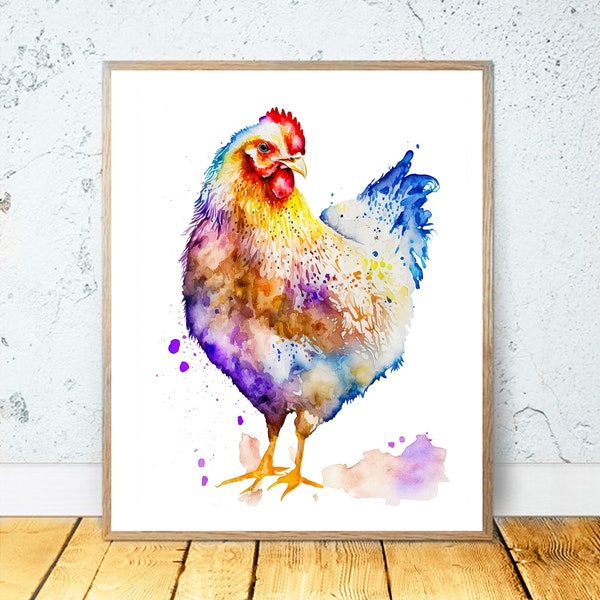 Hen Watercolor PRINTABLE ART Hen Print Chicken Instant Download Poster Farm Animals Gift Birds Wall Decor Nursery Painting Colorful Hen