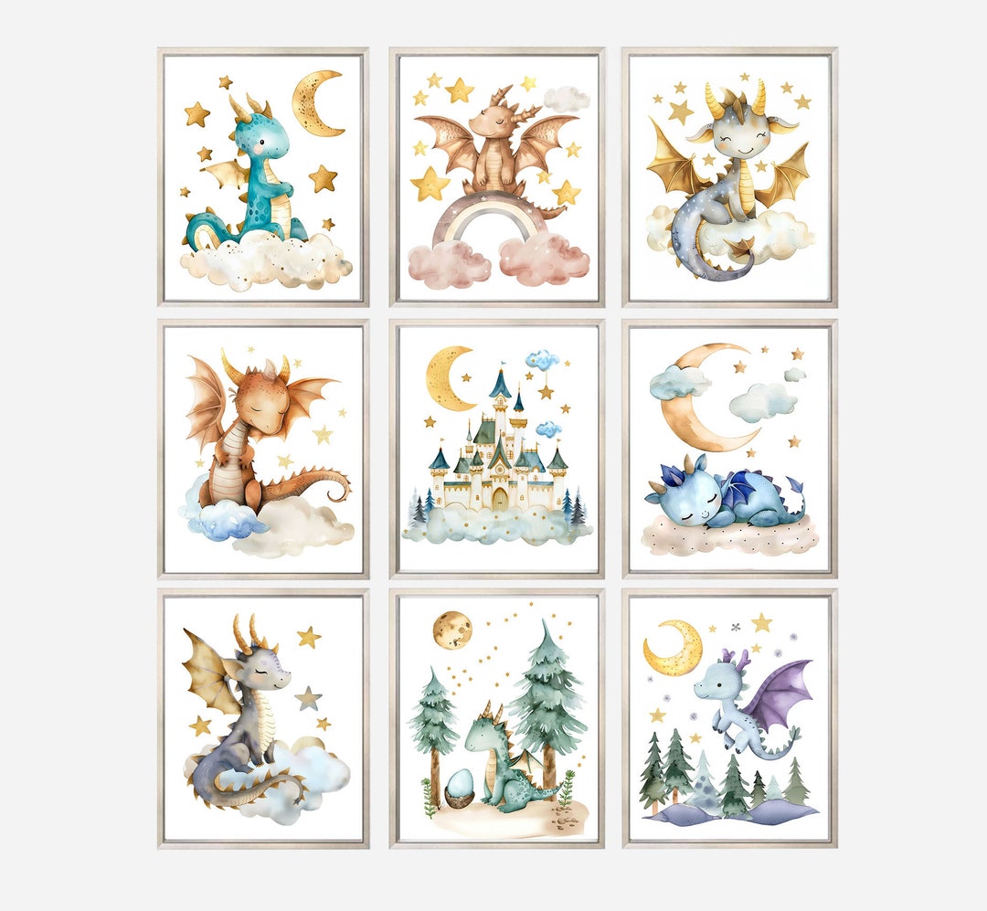 Set of 9 Baby Dragons, PRINTABLE WALL ART, Dragon Nursery Decor Payroom ...