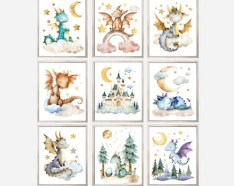 Conjunto de 9 dragones bebés, ARTE DE PARED IMPRIMIBLE, Impresiones de la sala de pago de la decoración del vivero del dragón, arte de la decoración de la pared de la habitación del bebé de la decoración del vivero del niño
