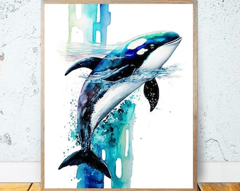 水彩シャチ 印刷可能なアート 海の装飾 シャチのプリント 海のサメの