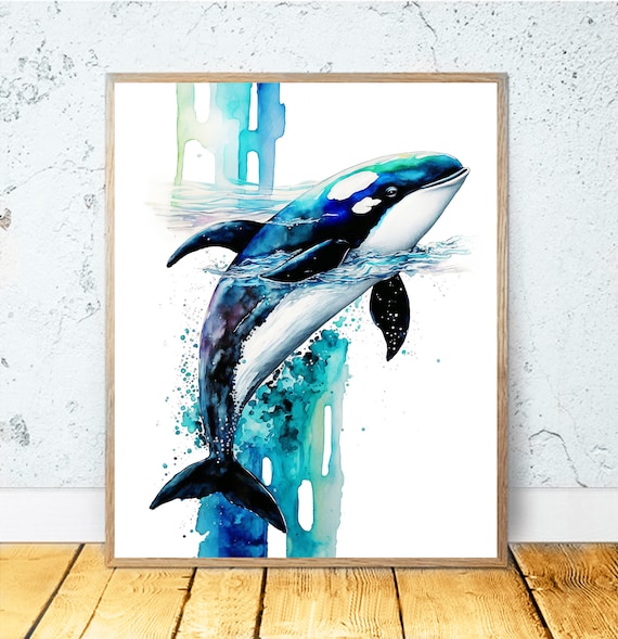 シャチ 油彩画 青色系 水彩シャチ 印刷可能なアート 海の装飾 シャチのプリント 海のサメの