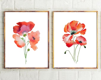 Set of 2 Watercolor Poppies Prints PRINTABLE ART Poppy Print Poppy Poster Wall Art Decor Poppy Painting Red Flowers Flower Art Poppies Print