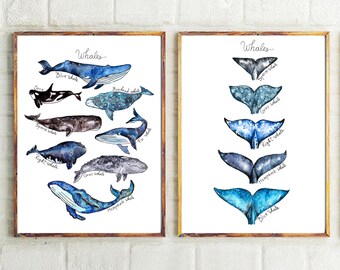 Set van 2 prints - aquarel walvissen print + walvis staarten print nautisch decor walvis poster kwekerij walvis kunst blauwe vinvis decor kunst strand kinderen