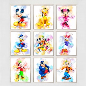 Set 9 DISNEY Prints, Disney PRINTABLE ART, Disney Poster Disney Wall Decor Mickey Mouse Print Watercolor Disney Donald Minnie Nursery Gift