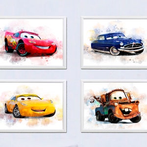 Set 4 Disney Cars PRINTABLE ART Disney Cars Poster Birthday Disney Cars Watercolor Art Boys Room Nursery Decor Lightning McQueen Party Gifts