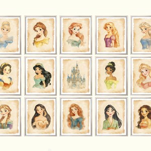 May include: A set of 12 printable digital art prints featuring Disney princesses and the iconic Cinderella's Castle. Each print is framed with a vintage-inspired border and features a watercolor-style illustration of a princess.