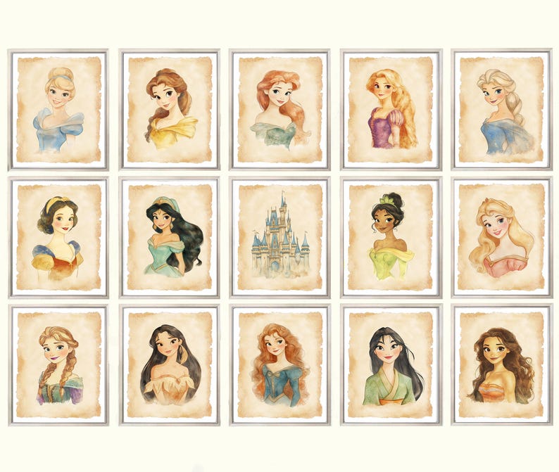 May include: A set of 12 printable digital art prints featuring Disney princesses and the iconic Cinderella's Castle. Each print is framed with a vintage-inspired border and features a watercolor-style illustration of a princess.