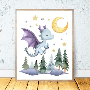 Baby Dragon PRINTABLE ART, Dragon Art Dragon Nursery Decor, Watercolor, Dragon Prints, Boy Nursery Decor, Baby Room Wall Decoration
