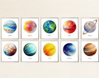 Solar System Set of 10 Watercolor Planets PRINTABLE ART Planet Space Wall Art Children Gifts Astronomy Posters Educational Printables Kids