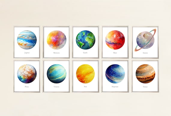 Solar System Set of 10 Watercolor Planets PRINTABLE ART Planet