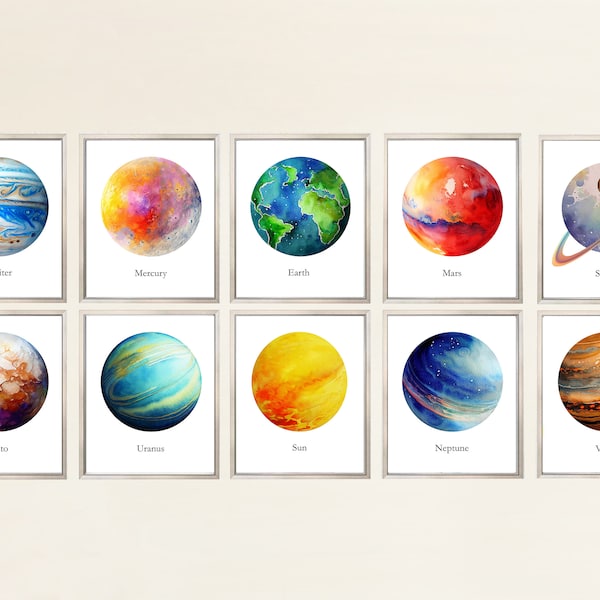 Sistema solar Conjunto de 10 planetas en acuarela ARTE IMPRIMIBLE Planeta Espacio Arte mural Regalos para niños Pósteres de astronomía Imprimibles educativos para niños