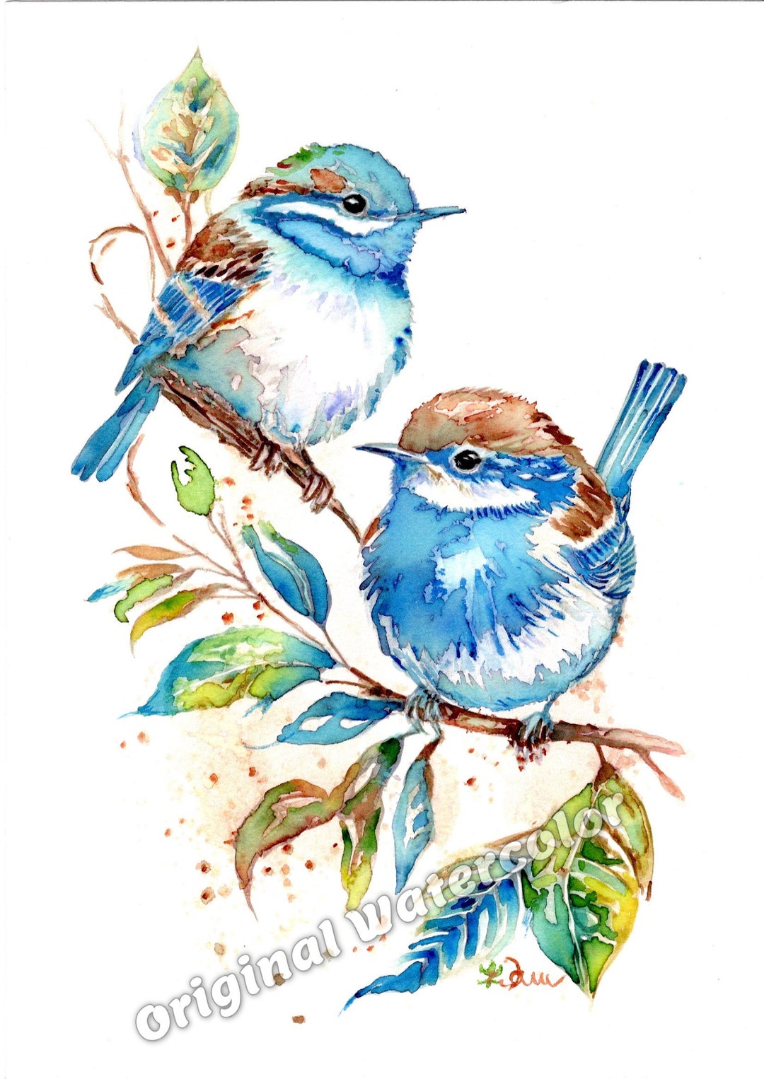 Blue Birds ORIGINAL WATERCOLOR Painting, Original Birds Painting Bird ...
