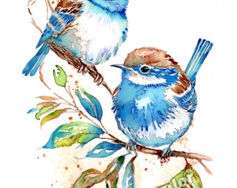 Blue Birds ORIGINAL WATERCOLOR Painting, Original Birds Painting Bird Decor Original Watercolors Art Birds Lover Watercolor Gift Colorful