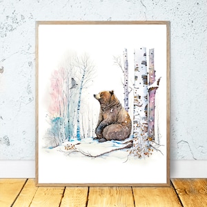 Acuarela Oso y Pájaro ARTE IMPRIMIBLE Oso Imprimir Arte de Pared Impresión Digital Decoración de Pared Animal Descargar Regalo Naturaleza Invierno Nieve Naturaleza Vivero