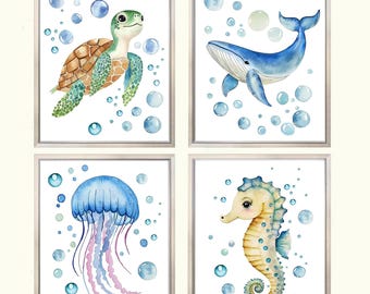 Set of 4 Ocean Nursery Prints, Kids PRINTABLE WALL ART Boy Nursery Decor Watercolor Sea Nursery Decor Boy Girl Nursery Room Wall Decoration