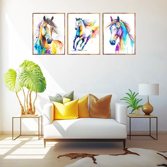 馬3頭セット 水彩画 印刷可能なアート 馬のプリント 馬のポスター