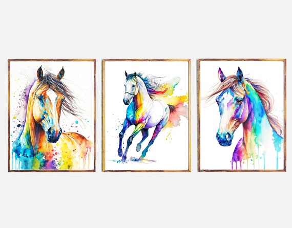馬3頭セット 水彩画 印刷可能なアート 馬のプリント 馬のポスター