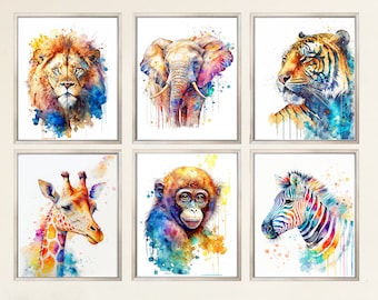 SALE Set of 6 Safari Animals Watercolor Prints Children Decor Colorful Animal Prints Animal Art Print Gift Nursery Safari Wall Art Kids Room