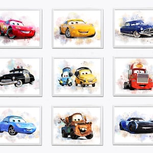 Set 9 DISNEY CARS Arte imprimible Acuarela Disney Cars Imprimir Disney Cars Poster Cars Wall Art Disney Decor Disney Prints Rayo McQueen