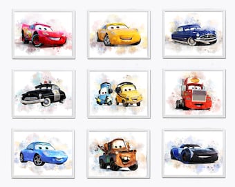 Set 9 DISNEY CARS Printable Art Watercolor Disney Cars Print Disney Cars Poster Cars Wall Art Disney Decor Disney Prints Lightning McQueen