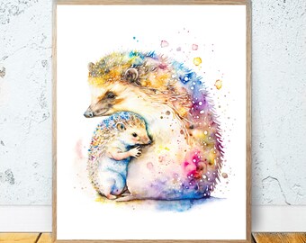 Mother and baby Hedgehog PRINTABLE ART home wall decor watercolor art print gift baby shower Hedgehog mother baby print painting nursery