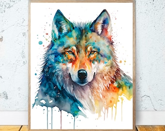 Wolf Watercolor PRINTABLE ART Wolf Print Instant Download Wolf Poster Wildlife Gift Animals Wall Decor Nursery Animal Painting Colorful #19