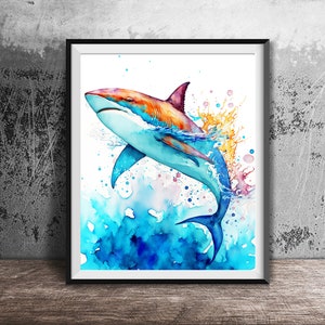 Watercolor Shark PRINTABLE ART Nautical Decor Sharks Print Ocean Great White Shark Poster Shark Wall Decor Beach Decor Nursery Painting #53