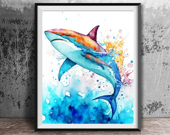 Watercolor Shark PRINTABLE ART Nautical Decor Sharks Print Ocean Great White Shark Poster Shark Wall Decor Beach Decor Nursery Painting #53