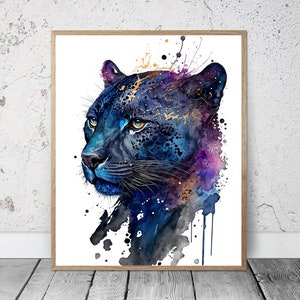 Aquarelle de panthère noire ART IMPRIMABLE impression de panthère téléchargement panthère affiche cadeau animaux déco peinture animalière chat coloré Nature art mural