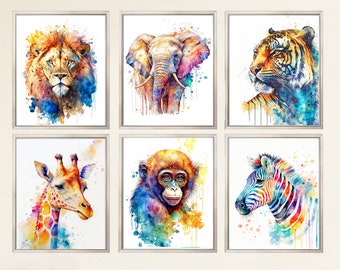 Set of 6 Safari Animals Watercolor PRINTABLE ART Giraffe Print Animal Tiger Poster Elephant Colorful Painting Wall Art Nursery Children Gift