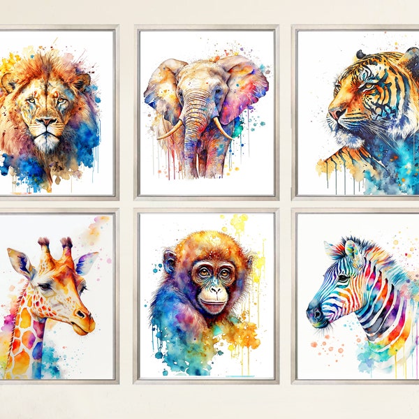 Lot de 6 animaux de safari aquarelle art imprimable girafe impression animal tigre affiche éléphant peinture colorée art mural chambre d'enfant enfants cadeau
