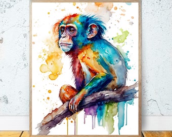 Watercolor Monkey PRINTABLE ART Monkey Print Download Monkey Poster Gift Animals Decor Animal Painting Colorful Illustration Nature Wall Art