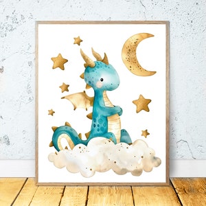 Baby Dragon PRINTABLE WALL ART, Dragon Art Dragon Nursery Decor, Watercolor, Dragon Prints, Boy Nursery Decor, Baby Room Wall Decoration