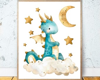 Baby Dragon PRINTABLE WALL ART, Dragon Art Dragon Nursery Decor, Watercolor, Dragon Prints, Boy Nursery Decor, Baby Room Wall Decoration