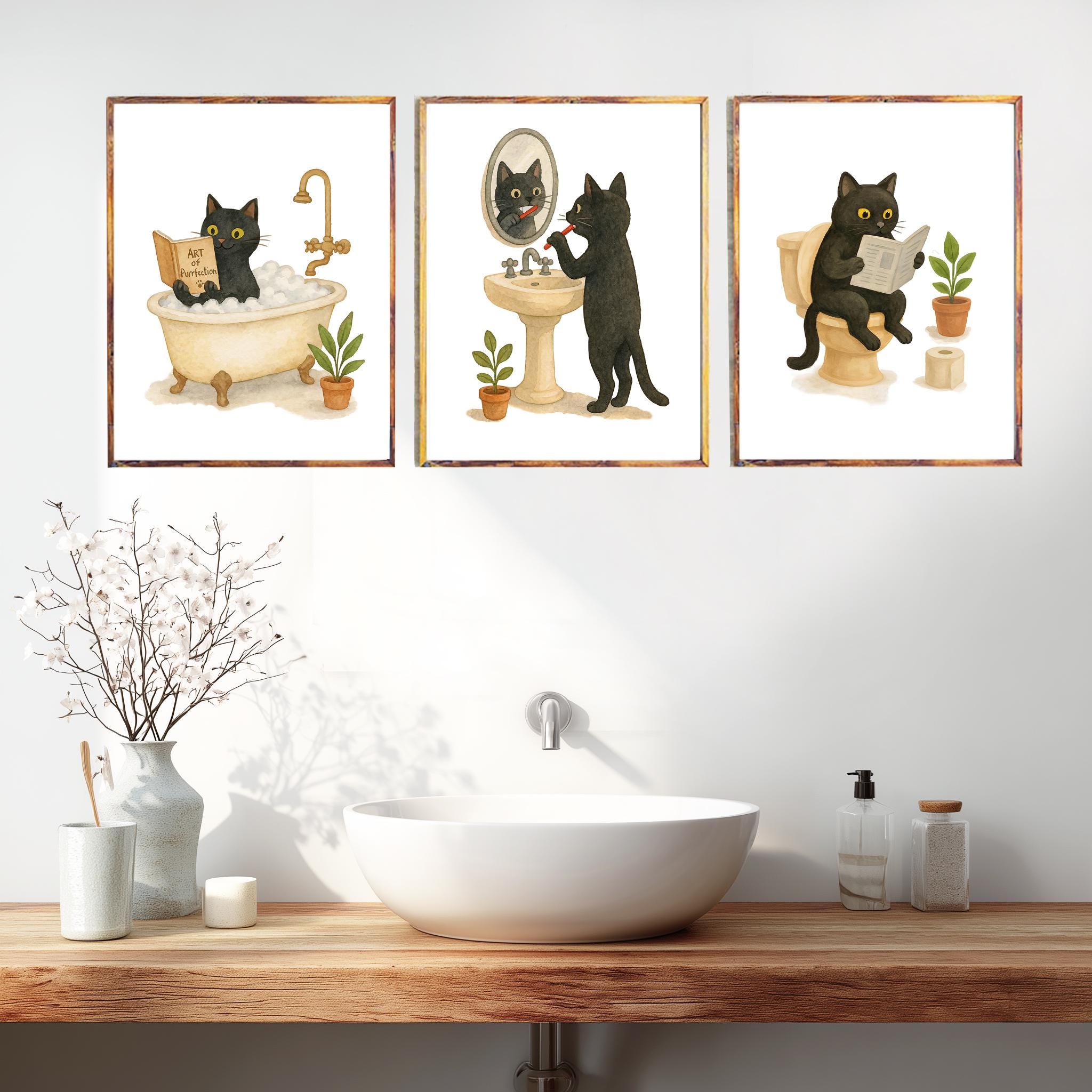 Bathroom Black Cat PRINTABLE ART- Set of 3 Prints Cat Decor Cat Art ...