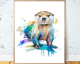 Watercolor Otter PRINTABLE ART - Cute Otter Print Otter Gifts Poster Animals Prints Otter Decor Nursery Animal Colorful Wall Art Painting