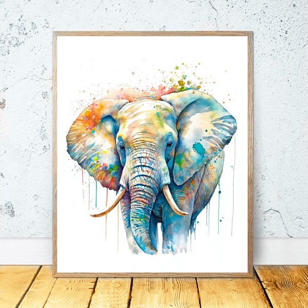 Watercolor Elephant PRINTABLE ART Elephant Print Download Elephant Poster Wildlife Gift Animals Wall Decor Nursery Animal Painting Colorful