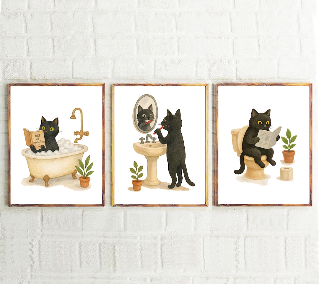 Bathroom Black Cat PRINTABLE ART- Set of 3 Prints Cat Decor Cat Art ...