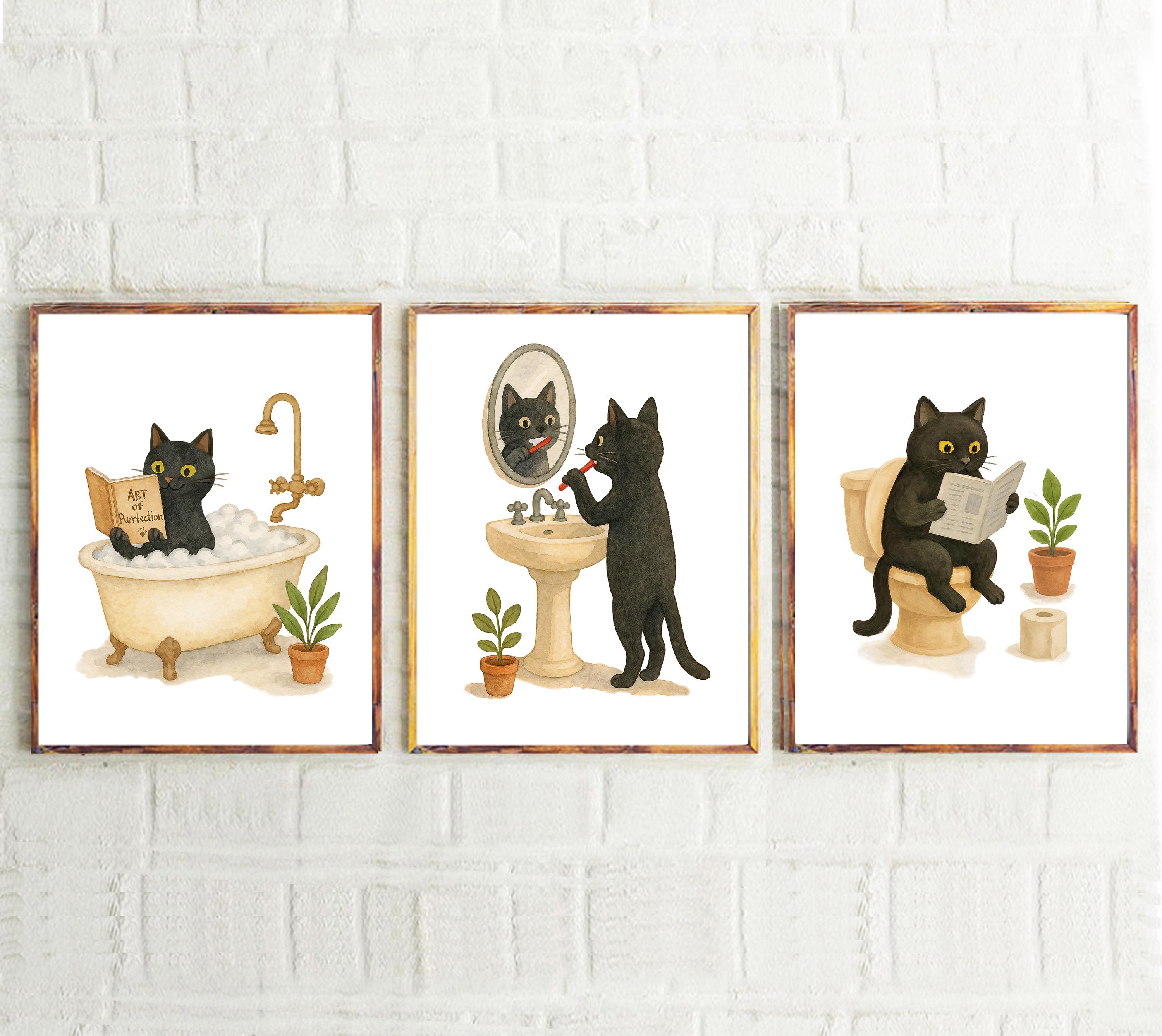 Bathroom Black Cat PRINTABLE ART- Set of 3 Prints Cat Decor Cat Art ...