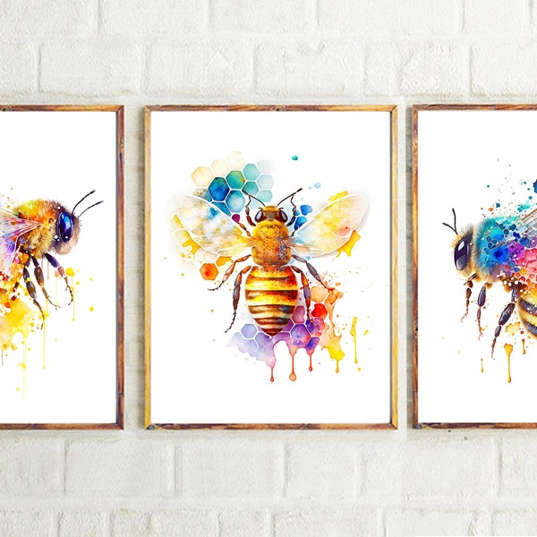 Set of 3 Bees Watercolor PRINTABLE ART Bee Print Bumblebee Honeybee Poster Colorful Painting Wall Art Nursery Children Gift Nature Bee Gifts